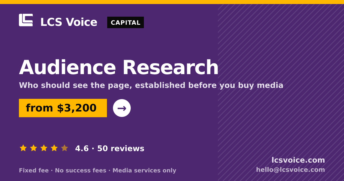 Audience Research — from $3,200, rated 4.6/5 across 50 reviews. LCS Voice.