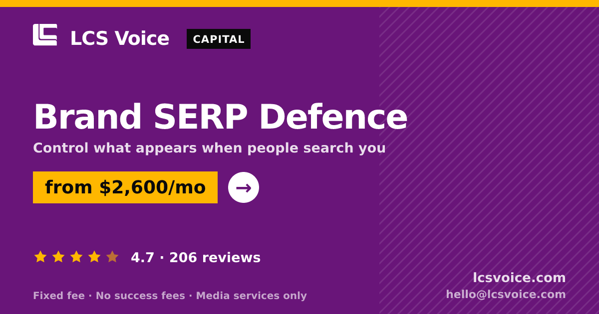 Brand SERP Defence — from $2,600/mo, rated 4.7/5 across 206 reviews. LCS Voice.