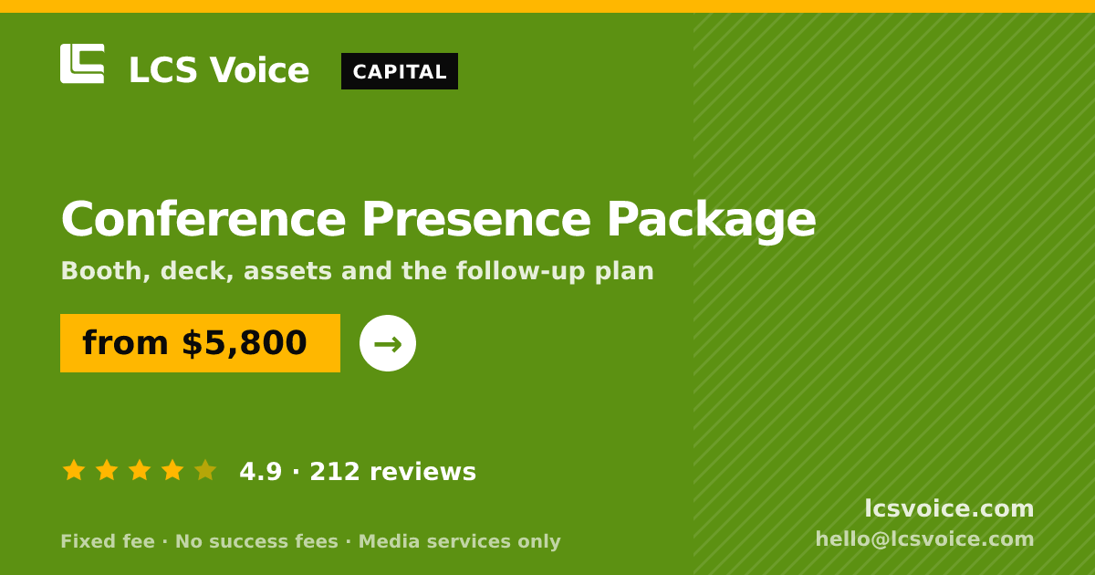 Conference Presence Package — from $5,800, rated 4.9/5 across 212 reviews. LCS Voice.