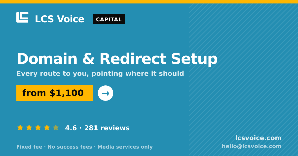 Domain & Redirect Setup — from $1,100, rated 4.6/5 across 281 reviews. LCS Voice.