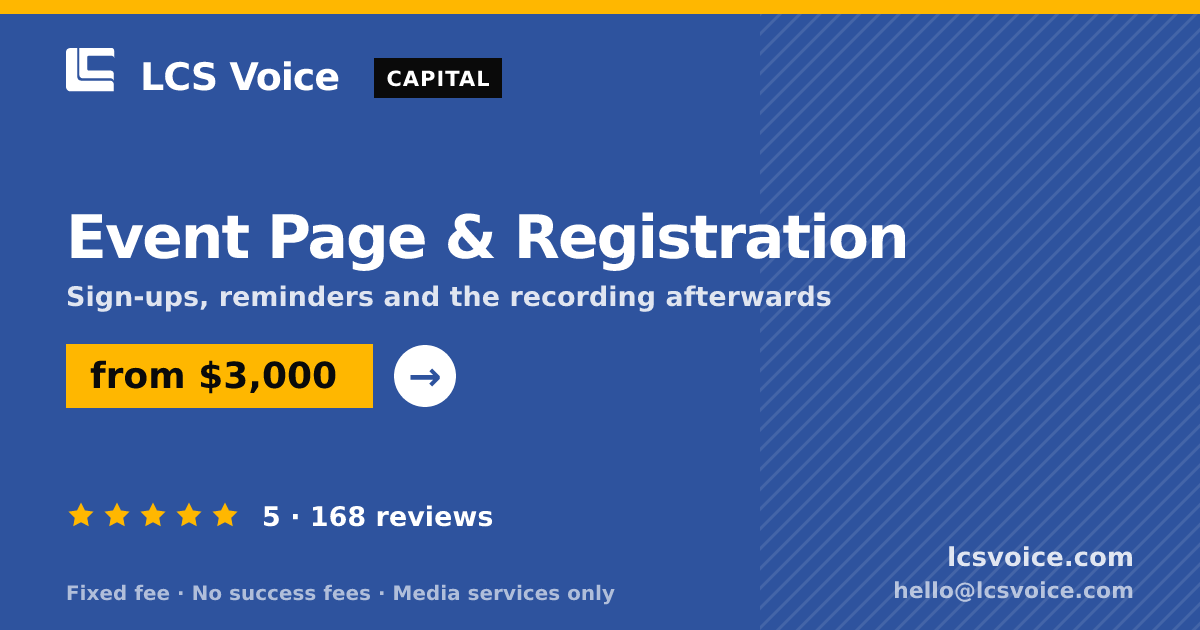 Event Page & Registration — from $3,000, rated 5/5 across 168 reviews. LCS Voice.