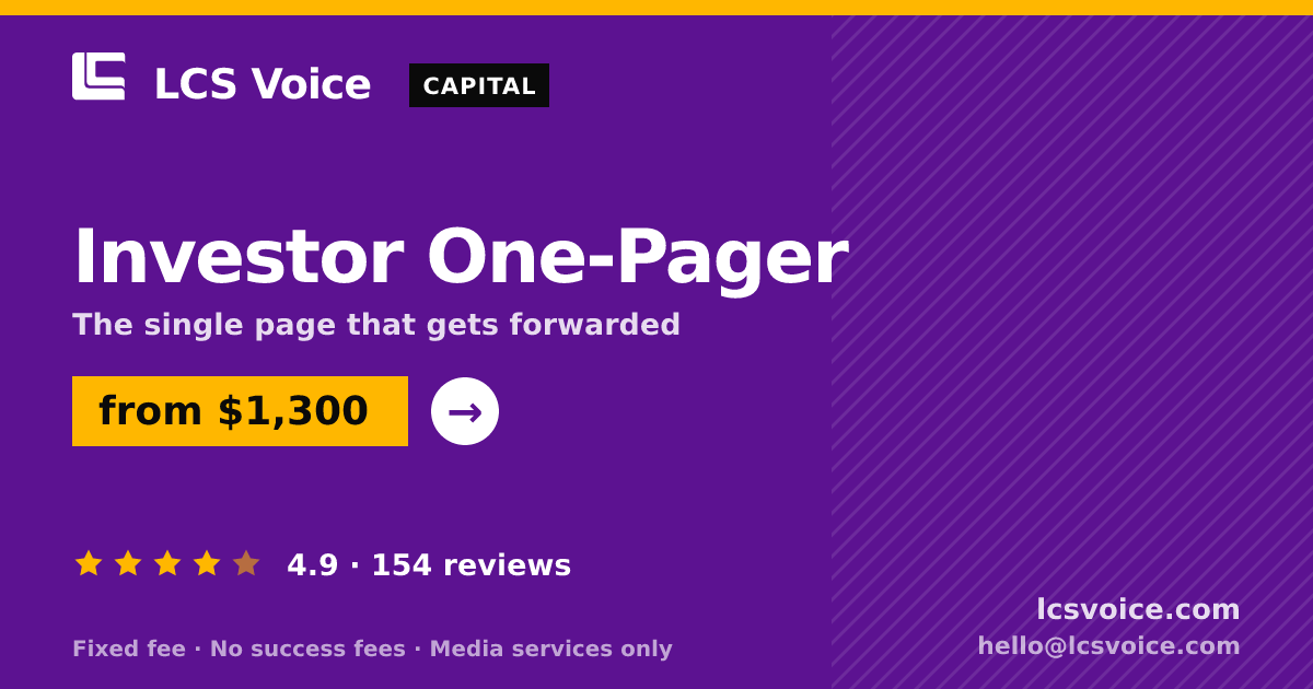 Investor One-Pager — from $1,300, rated 4.9/5 across 154 reviews. LCS Voice.