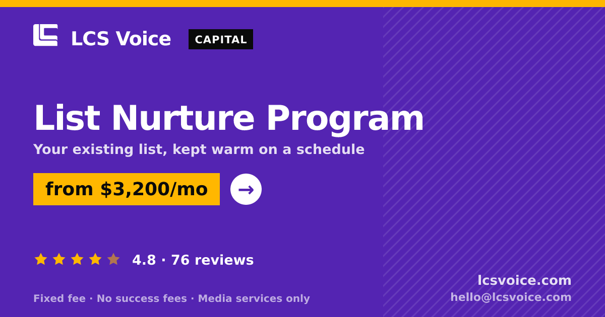 List Nurture Program — from $3,200/mo, rated 4.8/5 across 76 reviews. LCS Voice.