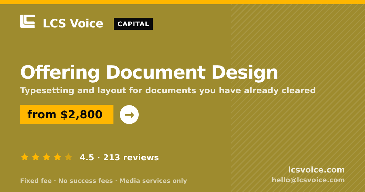 Offering Document Design — from $2,800, rated 4.5/5 across 213 reviews. LCS Voice.