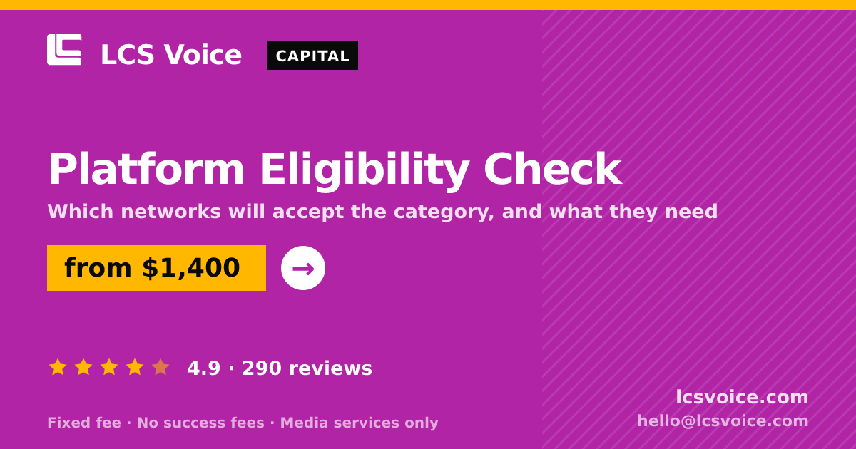 Platform Eligibility Check — from $1,400, rated 4.9/5 across 290 reviews. LCS Voice.