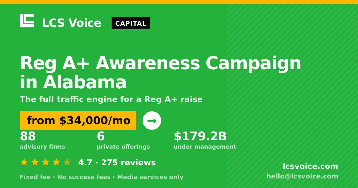 Reg A+ Awareness Campaign in Alabama — from $34,000/mo, rated 4.7/5 across 275 reviews. LCS Voice.