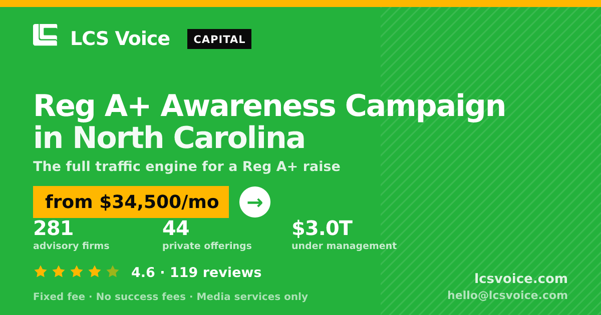 Reg A+ Awareness Campaign in North Carolina — from $34,500/mo, rated 4.6/5 across 119 reviews. LCS Voice.