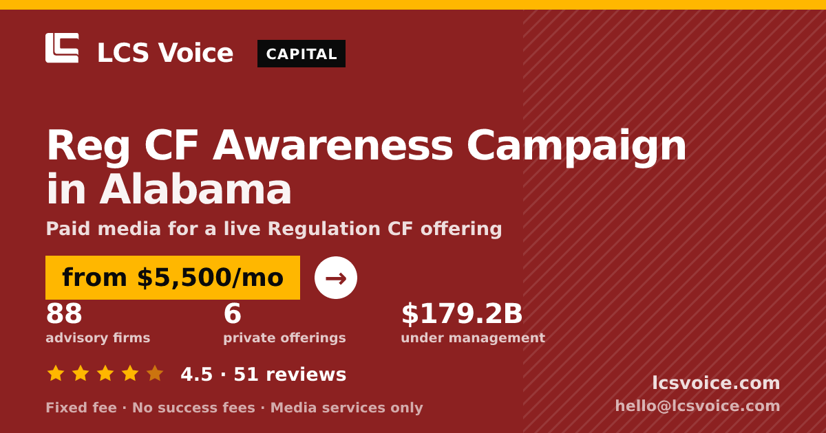 Reg CF Awareness Campaign in Alabama — from $5,500/mo, rated 4.5/5 across 51 reviews. LCS Voice.