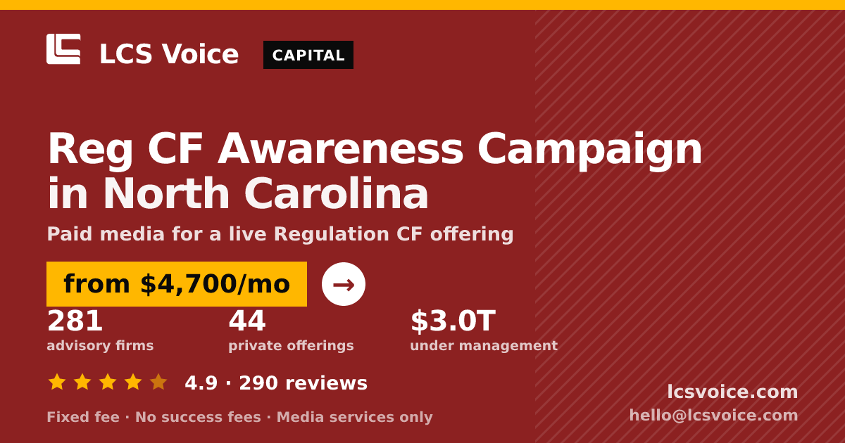 Reg CF Awareness Campaign in North Carolina — from $4,700/mo, rated 4.9/5 across 290 reviews. LCS Voice.