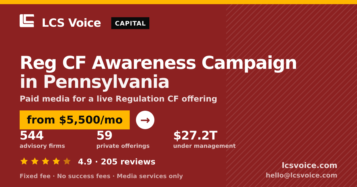 Reg CF Awareness Campaign in Pennsylvania — from $5,500/mo, rated 4.9/5 across 205 reviews. LCS Voice.