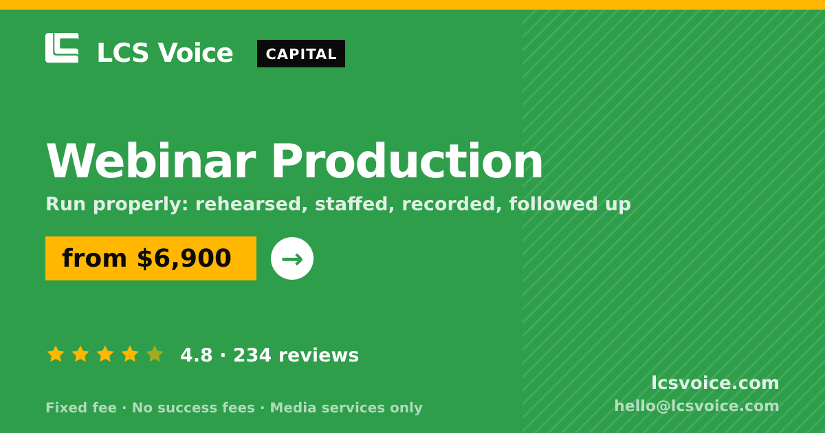 Webinar Production — from $6,900, rated 4.8/5 across 234 reviews. LCS Voice.